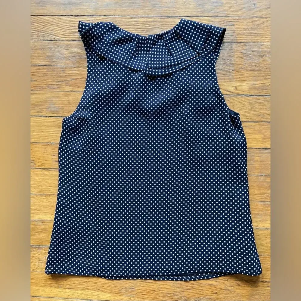 JCREW Navy Blue Polka Dotted Sleeveless Ruffle Collar Silk Blouse sz 0